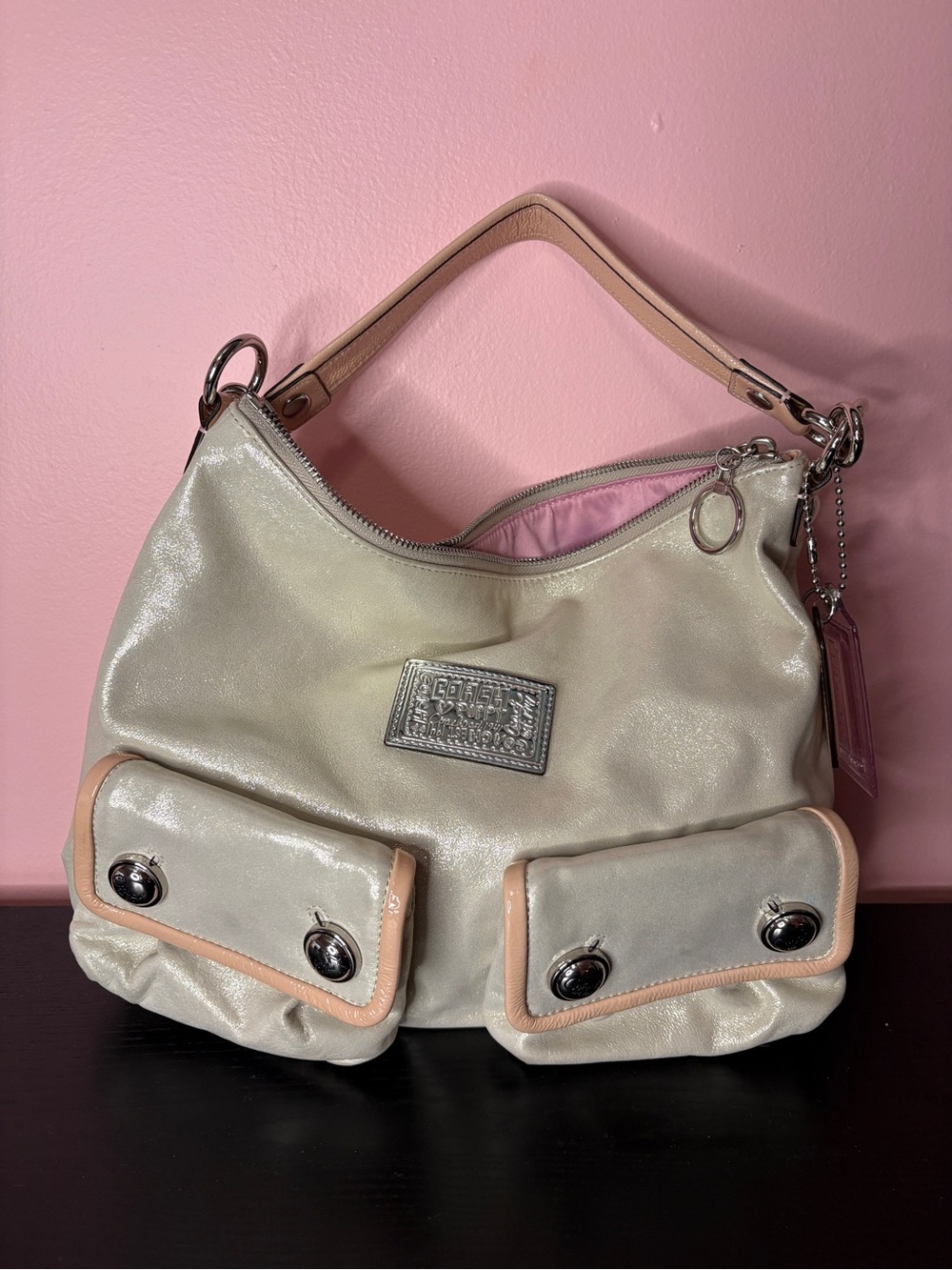 Coach Shimmery Cream Shoulder Bag with Pink Lining 2013 70th anniversary Poppy